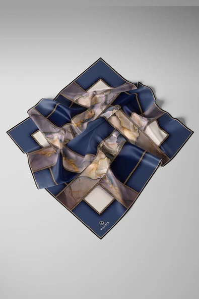 %100 Twill İpek Efektli Bant Desenli İndigo - Lacivert Renkli 90x90 Eşarp Dikim Şekli : El Dikişi - Resim 5