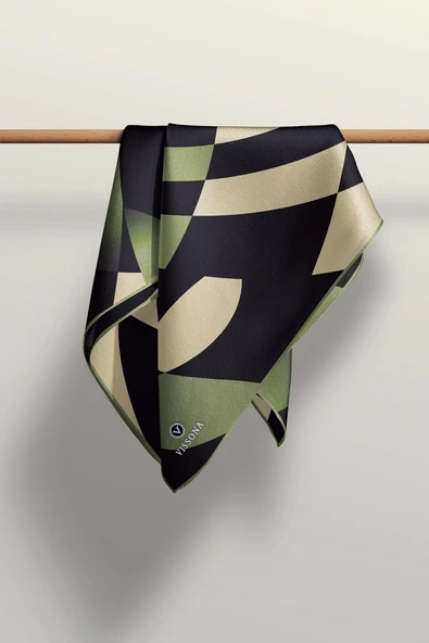 %100 Twill İpek Geometrik Desenli Haki Renkli 90x90 Eşarp Dikim Şekli : El Dikişi - Resim 4