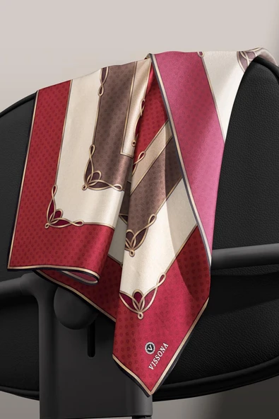 %100 Twill İpek Puantiyeli ve Geometrik Desenli Bordo - Vizon Renkli 90x90 Eşarp Dikim Şekli : El Dikişi - Resim 6