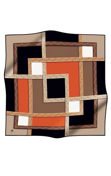 %100 Twill İpek Geometrik Desenli Bej - Taba Renkli 90x90 Eşarp Dikim Şekli : El Dikişi - Resim 2