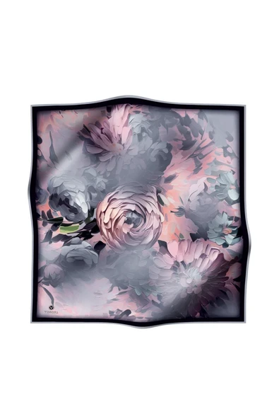 %100 Twill İpek Dumanlı Çiçek Desenli Gri Renkli 90x90 Eşarp Kenar Dikiş Şekli El Dikişli - Resim 2