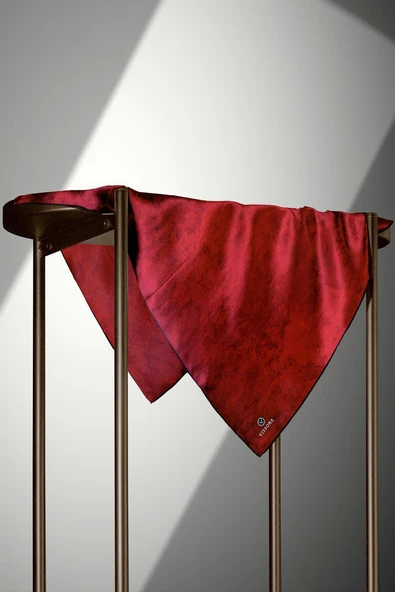 %100 Twill İpek Doku Desenli Kırmızı Renkli 90x90 Eşarp Dikim Şekli : El Dikişi - Resim 3