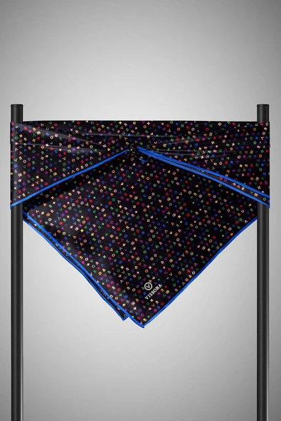 %100 Twill İpek Çıtır Motif Desenli Siyah - Saks Renkli 90x90 Eşarp Dikim Şekli : El Dikişi - Resim 3