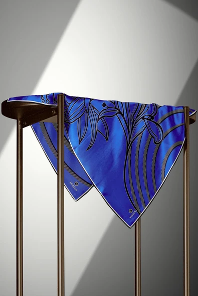 %100 Twill İpek Çizgili Çiçek Desenli Saks - Siyah Renkli 90x90 Eşarp Dikim Şekli : El Dikişi - Resim 4