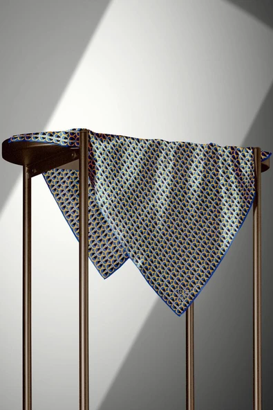 %100 Twill İpek Geometrik Desenli Saks - Gold Renkli 90x90 Eşarp Dikim Şekli : El Dikişi - Resim 5