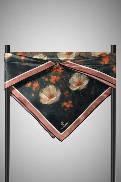 %100 Twill İpek Yağlı Boya Çiçek Desenli Taba - Petrol Yeşili Renkli 90x90 Eşarp Dikim Şekli : El Dikişi - Resim 5