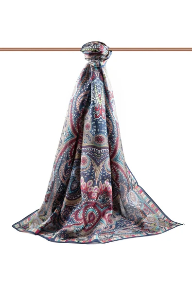 100% İpek Etro Desenli Lacivert Renkli 92x210 Şal - Resim 2
