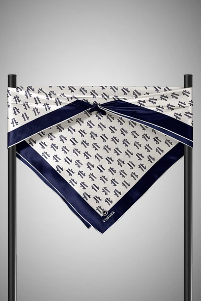 %100 Twill İpek Geometrik Desenli Krem - Lacivert Renkli 90x90 Eşarp Dikim Şekli : El Dikişi - Resim 3