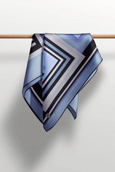 %100 Twill İpek Kare Desenli İndigo - Gri Renkli 90x90 Eşarp Kenar Dikiş Şekli El Dikişli - Resim 5