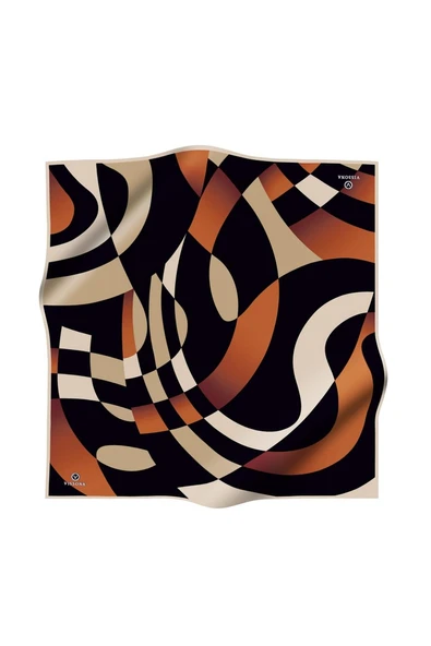 %100 Twill İpek Geometrik Desenli Taba - Bej Renkli 90x90 Eşarp Dikim Şekli : El Dikişi - Resim 2