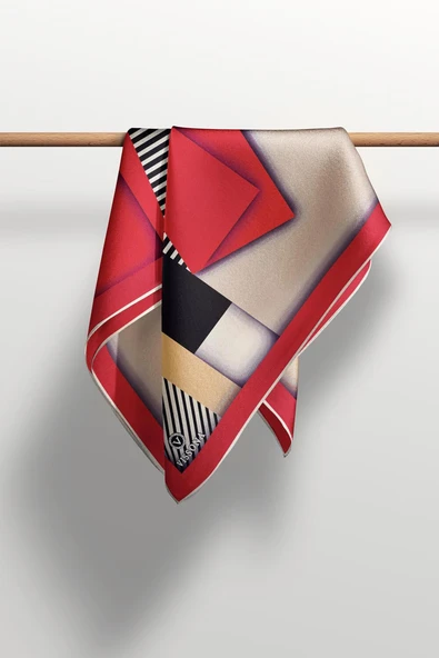 %100 Twill Renk Bloklu Çizgili Desenli Kırmızı - Bej Renkli 90x90 Eşarp Dikim Şekli: El Dikişii - Resim 4