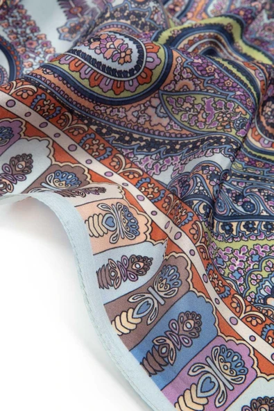 100% İPEK ETRO DESENLİ BEBE MAVİSİ - TABA RENKLİ ŞAL - Resim 4