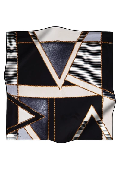 % 57 İPEK % 43 VİSKON Twill İpek Geometrik Desenli Gümüş - Siyah Renkli 90x90 Eşarp Dikim Şekli : El Dikişi - Resim 2