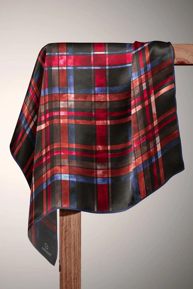 %100 Twill İpek Ekose Desenli Siyah - Kırmızı Renkli 90x90 Eşarp Kenar Dikiş Şekli El Dikişli - Resim 4