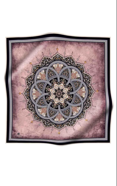 %100 Twill İpek Şal Desenli Pudra - Siyah Renkli 90x90 Eşarp Dikim Şekli : El Dikişi - Resim 2