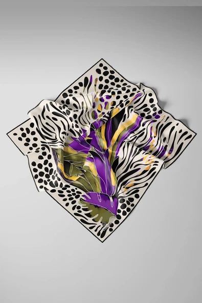 %100 Twill İpek Amazon Desenli Haki Yeşili - Mor Renkli 90x90 Eşarp Kenar Dikiş Şekli El Dikişli - Resim 3