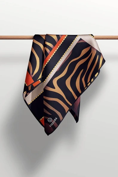 %100 Twill İpek Zebra Desenli Gold - Siyah Renkli 90x90 Eşarp Dikim Şekli : El Dikişi - Resim 4