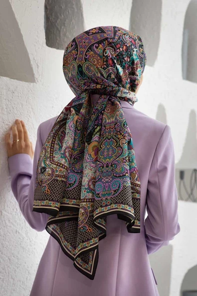 %100 İPEK ETRO DESENLİ SİYAH - MOR RENKLİ ŞAL ürün görseli