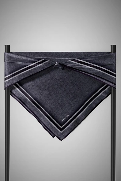 % 57 İPEK % 43 VİSKON Twill İpek Dokulu Şerit Desenli Siyah - Füme Renkli 90x90 Eşarp Dikim Şekli : El Dikişi - Resim 3