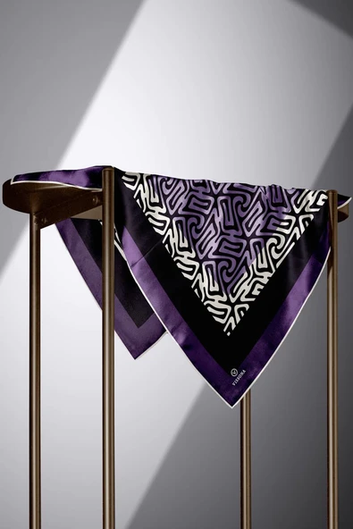 100% Twill İpek Bordürlü Dalga Desenli Siyah - Mürdüm Renkli 90x90 Dikim Şekli : El Dikişi Eşarp - Resim 6