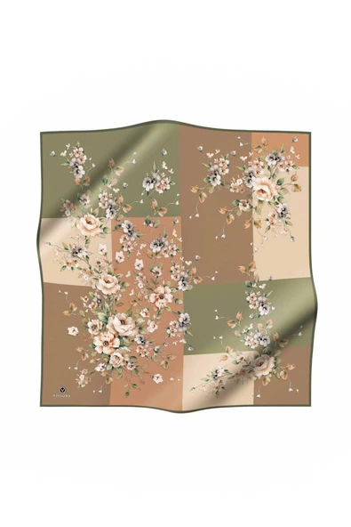 %100 Twill İpek Geometrik Ve Çiçek Desenli Haki Renkli 90x90 Eşarp Dikim Şekli : El Dikişi - Resim 2