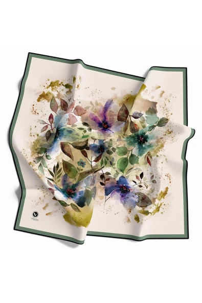 Kristal Çiçek Desenli Krem - Petrol Yeşili Renkli 90x90 Eşarp (İpek İçermez) Dikim Şekli : El Dikişi ürün görseli