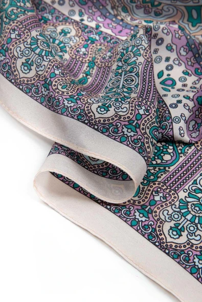 100% İpek Etnik Desenli Pudra - Gül Kurusu Renkli 92x210 Şal - Resim 4