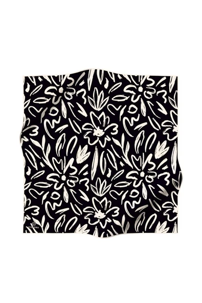 %100 Twill İpek Büyük Çiçek Desenli Siyah - Krem Renkli 90x90 Eşarp Dikim Şekli : El Dikişi - Resim 2