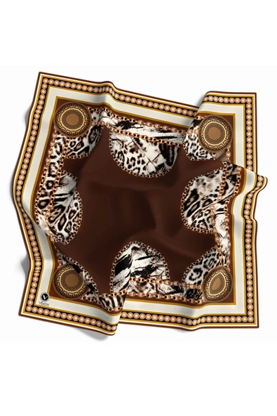 Kristal Zincirli Leopar Desenli Taba Renkli 90x90 Eşarp (İpek İçermez) Kenar Dikiş Şekli El Dikişli ürün görseli