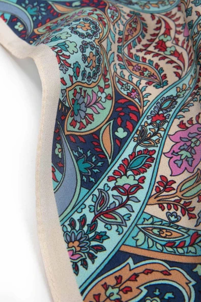 %100 İpek Etnik Desenli Krem - Mint Yeşili Renkli 92x210 Şal - Resim 4