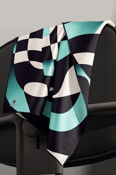 %100 Twill İpek Geometrik Desenli Mint Yeşili Renkli 90x90 Eşarp Dikim Şekli : El Dikişi - Resim 3