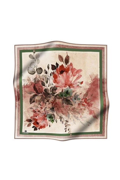 %100 Twill İpek Bahar Çiçekleri Desenli Narçiçeği - Haki Renkli 90x90 Eşarp Dikim Şekli : El Dikişi - Resim 2