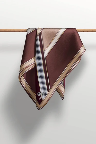 %100 Twill İpek Kareli Kazayaklı Desenli Kahverengi - Vizon Renkli 90x90 Eşarp Kenar Dikiş Şekli El Dikişli - Resim 5