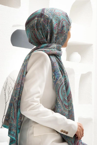 100% İpek Etro Desenli Turkuaz - Pudra Renkli 92x210 Şal ürün görseli