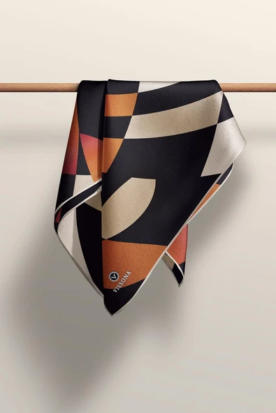 %100 Twill İpek Geometrik Desenli Taba - Bej Renkli 90x90 Eşarp Dikim Şekli : El Dikişi - Resim 4