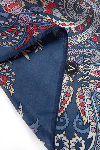 100% İpek Etro Desenli Lacivert - Kırmızı Renkli 92x210 Şal - Resim 4