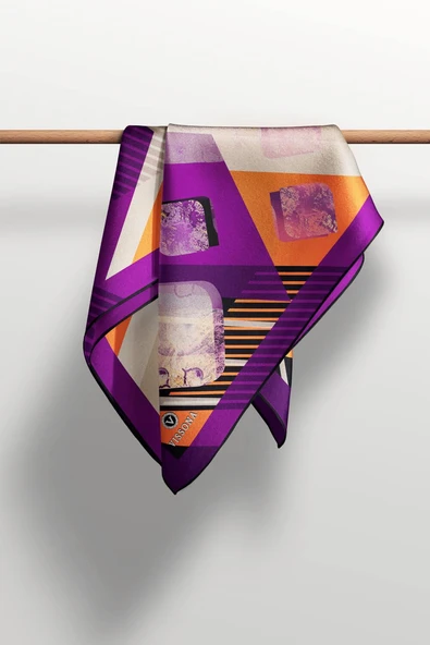 %100 Twill İpek Geometrik Desenli Mürdüm - Turuncu Renkli 90x90 Eşarp Dikim Şekli : El Dikişi - Resim 6