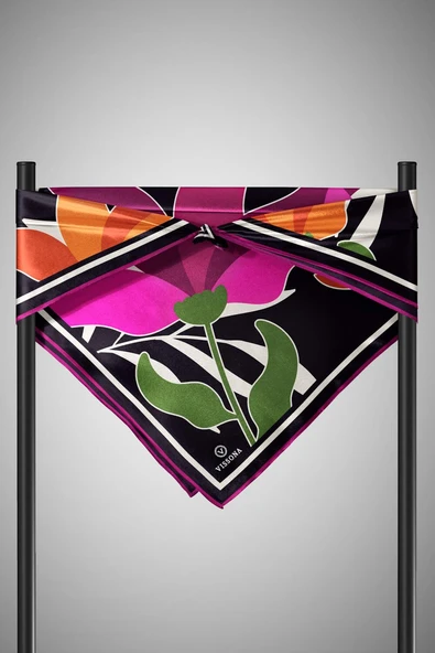 %100 Twill İpek Yaprak Desenli Taba - Mürdüm Renkli 90x90 Eşarp Dikim Şekli : El Dikişi - Resim 5