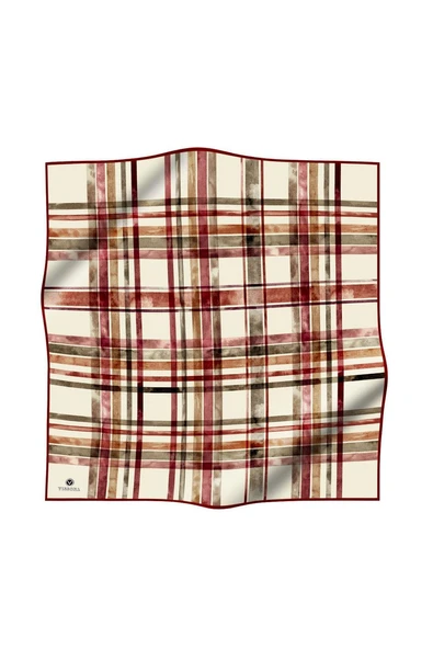 %100 Twill İpek Ekose Desenli Bordo - Haki Renkli 90x90 Eşarp Kenar Dikiş Şekli El Dikişli - Resim 2