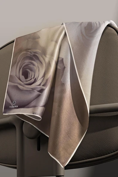 %100 Twill İpek Gül Desenli Bej - Vizon Renkli 90x90 Eşarp Dikim Şekli : El Dikişi - Resim 5