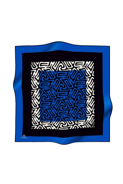 100% Twill İpek Bordürlü Dalga Desenli Siyah - Saks Renkli 90x90 Dikim Şekli : El Dikişi Eşarp - Resim 2