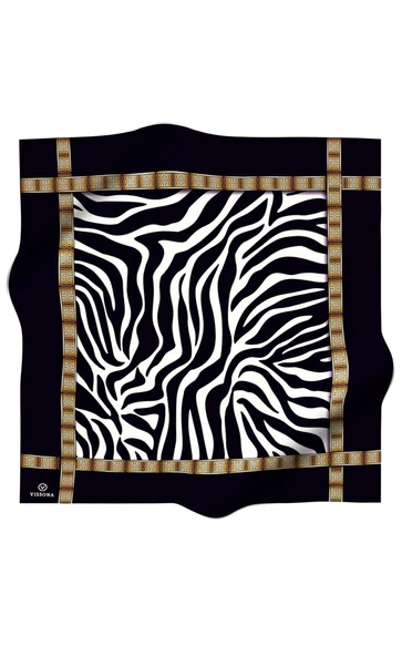 %100 Twill İpek Zebra Desenli Siyah - Beyaz Renkli 90x90 Eşarp Dikim Şekli : El Dikişi - Resim 2