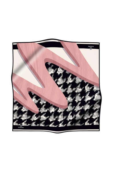 %100 Twill İpek Kazayağı Desenli Pudra - Siyah Renkli 90x90 Eşarp Kenar Dikiş Şekli El Dikişli - Resim 2