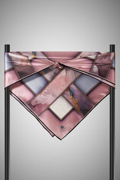 %100 Twill İpek Efektli Bant Desenli Pudra - Gri Renkli 90x90 Eşarp Dikim Şekli : El Dikişi - Resim 6