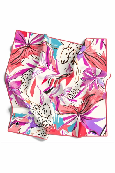 Pamuksu Dokulu Suluboya Çiçek Desenli Nar Çiçeği Renkli 90x90 Soft Eşarp Kenar Dikiş Şekli El Dikişli ürün görseli