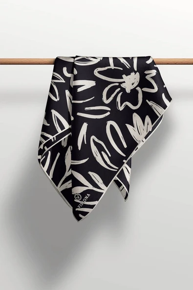 % 57 İPEK % 43 VİSKON Twill İpek Büyük Çiçek Desenli Siyah - Krem Renkli 90x90 Eşarp Dikim Şekli : El Dikişi - Resim 5