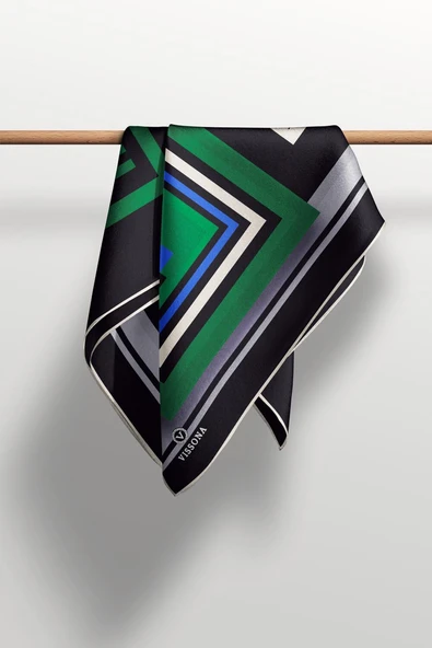 %100 Twill İpek Kare Desenli Zümrüt Yeşili - Saks Renkli 90x90 Eşarp Kenar Dikiş Şekli El Dikişli - Resim 5