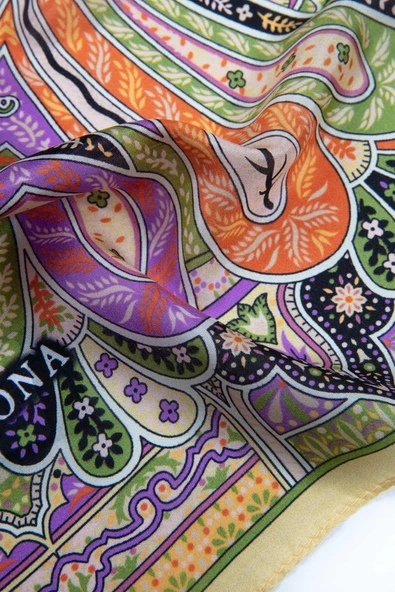 100% İpek Etro Desenli Limon Sarısı - Turuncu Renkli 92x210 Şal - Resim 3