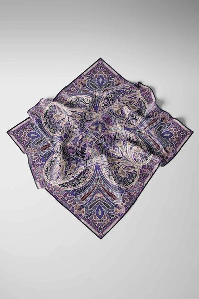 100% Twill İpek Etnik Desenli Mor - Petrol Yeşili Renkli 90x90 Dikim Şekli : El Dikişi Eşarp - Resim 6