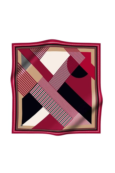 %100 Twill İpek Geometrik Desenli Bordo Renkli 90x90 Eşarp Dikim Şekli : El Dikişi - Resim 2